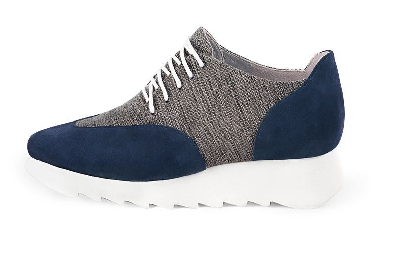 Navy blue and dark grey women's casual lace-up shoes. Square toe. Low rubber soles. Profile view - Florence KOOIJMAN